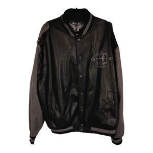 Bare Fox Jacket Men's Extra Large Black Gray Fleece Sleeves Varsity Snap Up 4XL